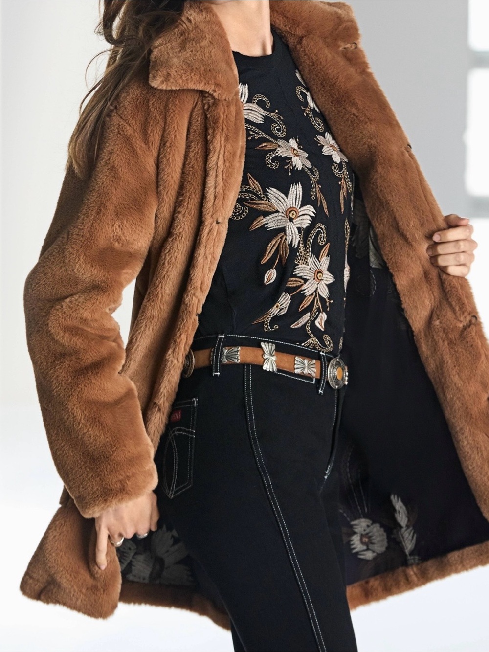 Johnny Was Camel Faux Fur Coat with Patch Pockets